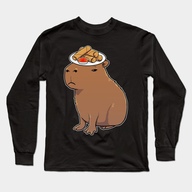 Capybara with Spring Rolls on its head Long Sleeve T-Shirt by capydays